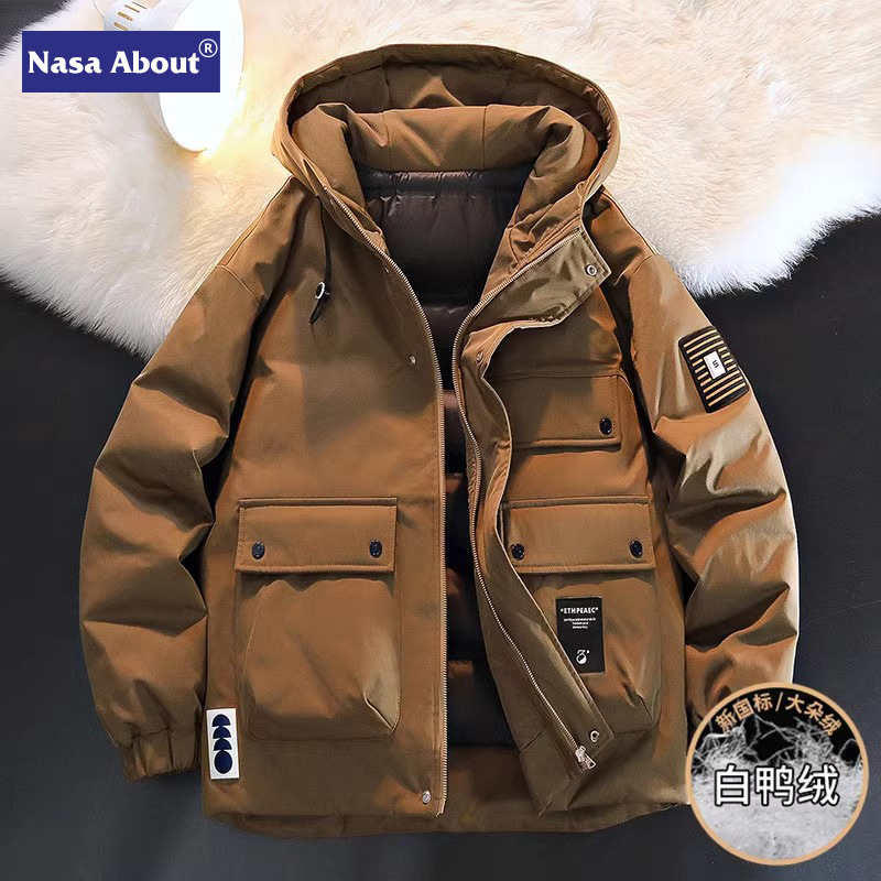 NASA white duck down jacket Men's Autumn and Winter 2024 New thickened cold-resistant winter wear hooded work jacket