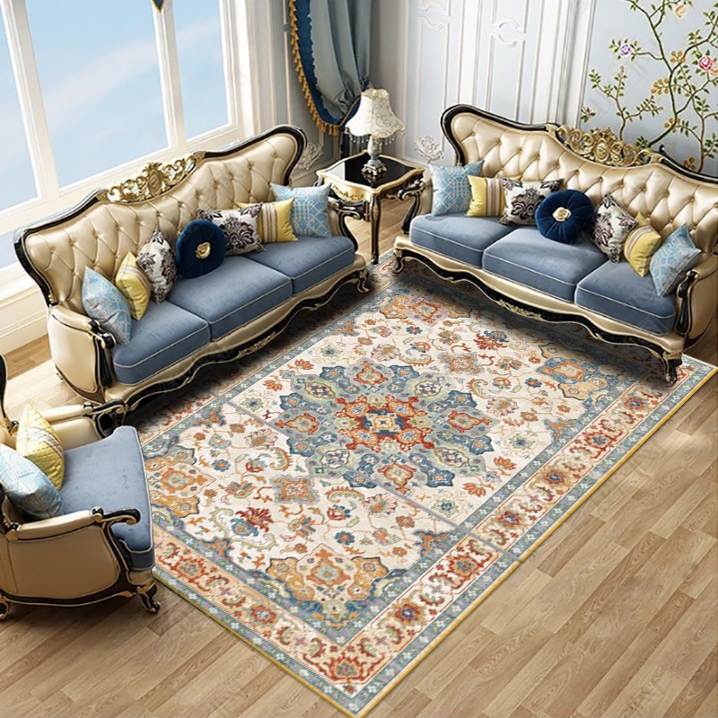 The living room, bedroom and bed are covered with large areas of Bohemian retro ethnic style carpets. The coffee table, sofa and floor MATS are all covered with carpets