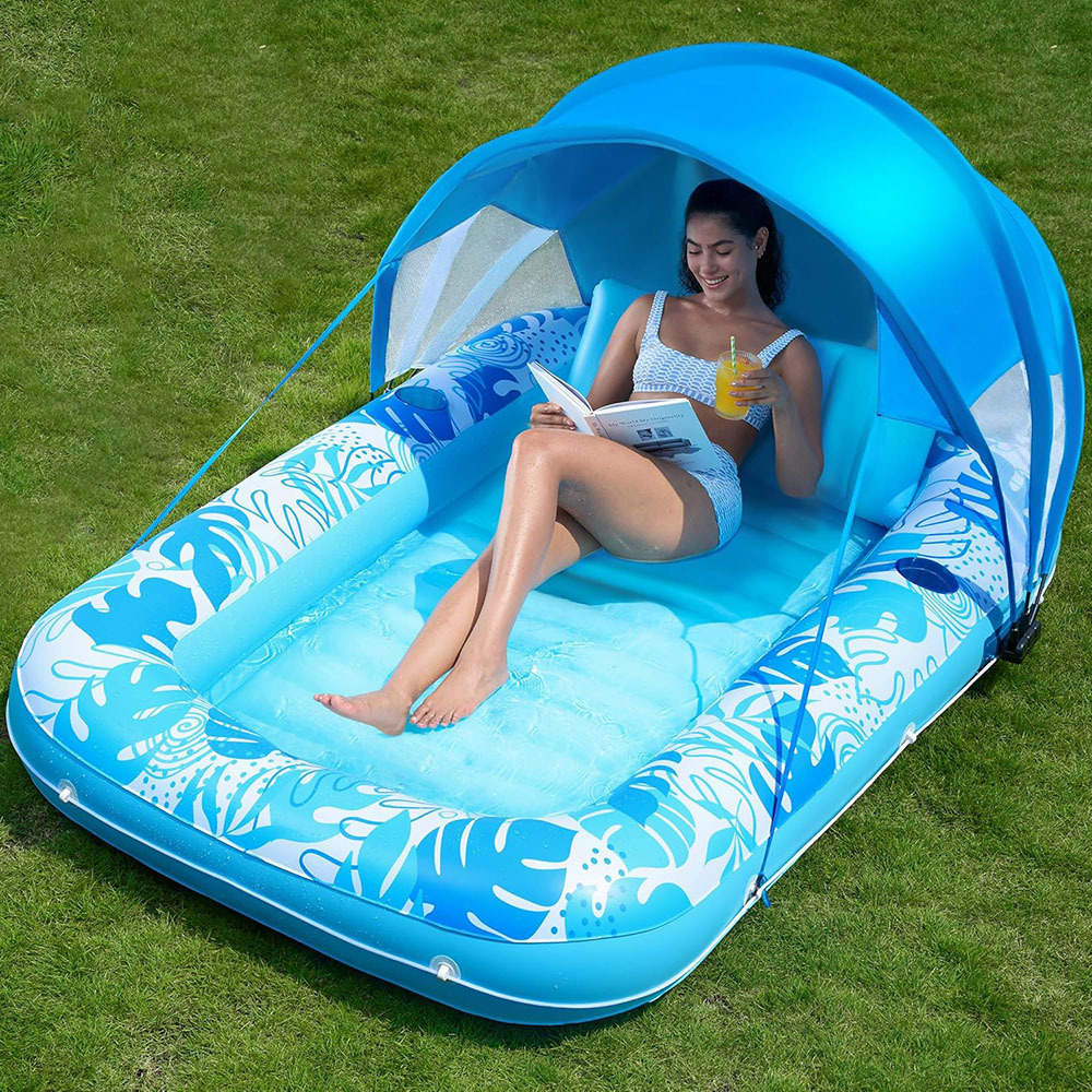 充气美黑水池阳光水池水上遮阳浮排充气躺椅户外日光浴晒黑池浮床