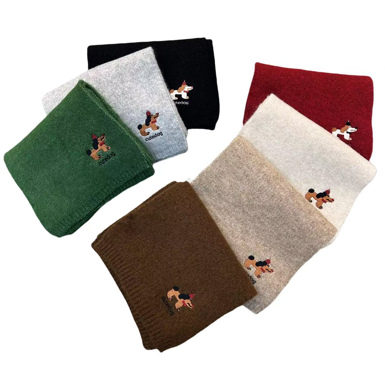 A new Korean-style solid-color embroidered puppy wool scarf for women's winter, fashionable and versatile, with a school style and warm knitted neck Item Picture
