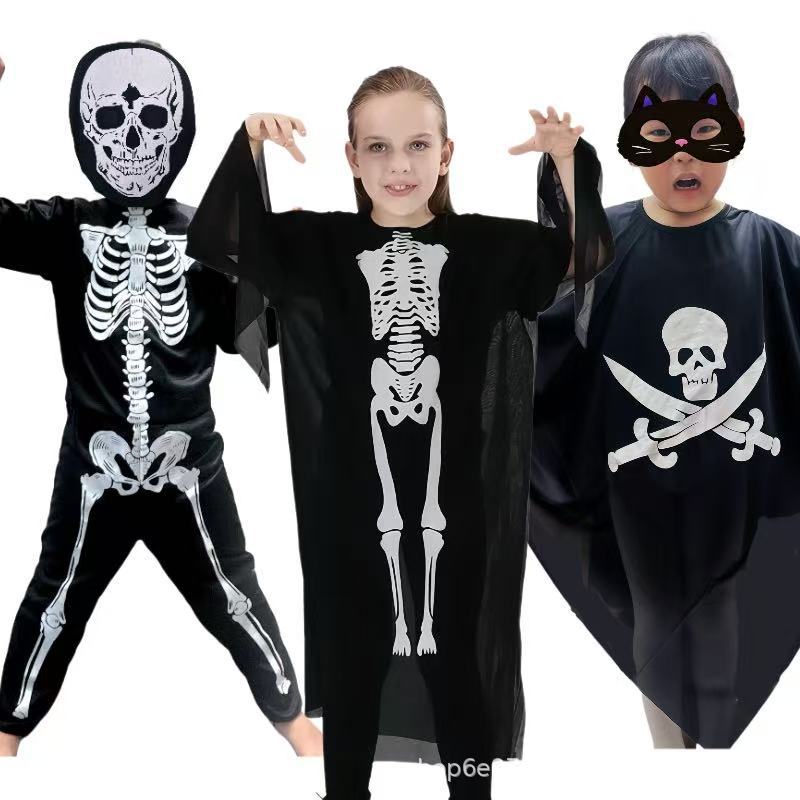 万圣节服装鬼节服饰儿童骨架鬼衣黑色鬼衣服海盗恐怖服装批发