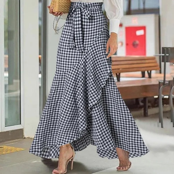 Cross-border women's checkered mermaid skirt with ruffled edges and irregular hem, high-waisted casual umbrella-wrapped long dress details Picture