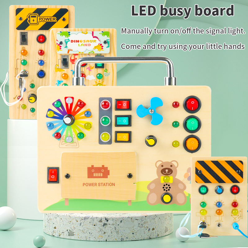跨境爆款新品儿童早教木制led灯插座开关忙碌板玩具动手木质玩具