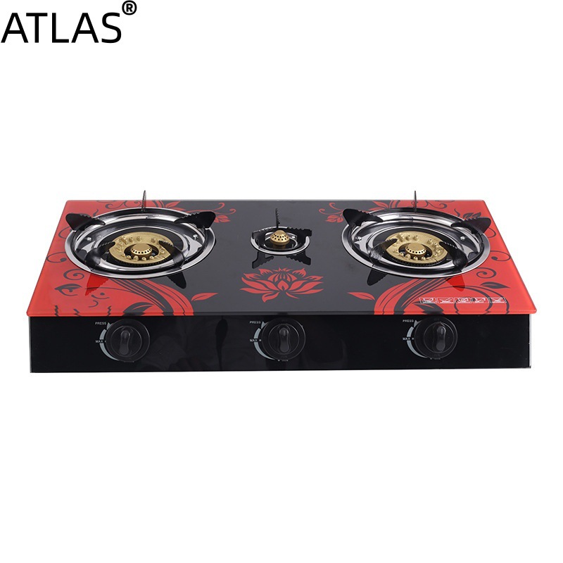 ATLAS europa cocina de gas de tres ojos panel de vidrio templado cocina de fuego de gas licuado cocina doméstica solo para exportación