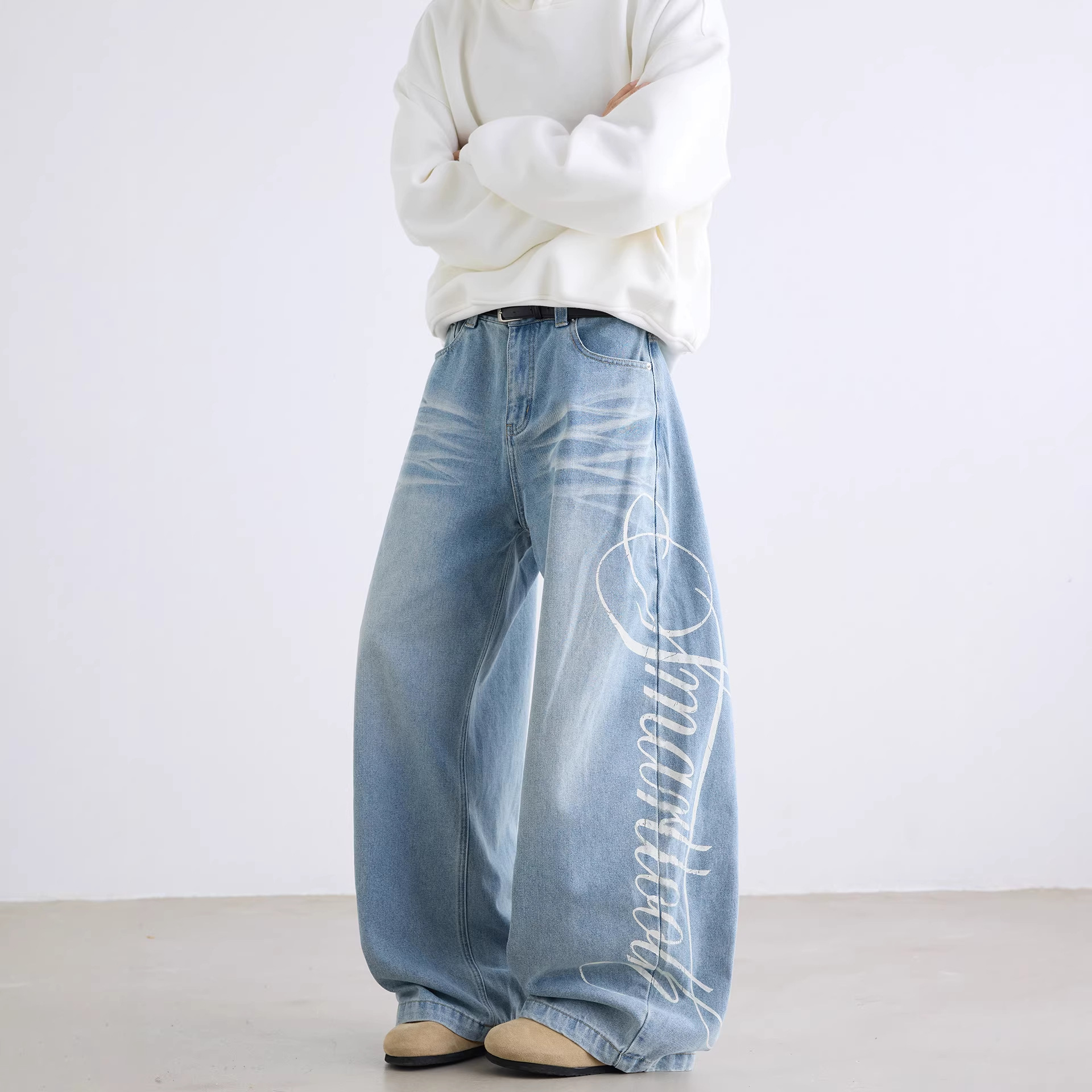 Cross-border trade letter-printed jeans for men, spring and autumn straight American high street pants, trendy and versatile, cool and stylish long pants full figure