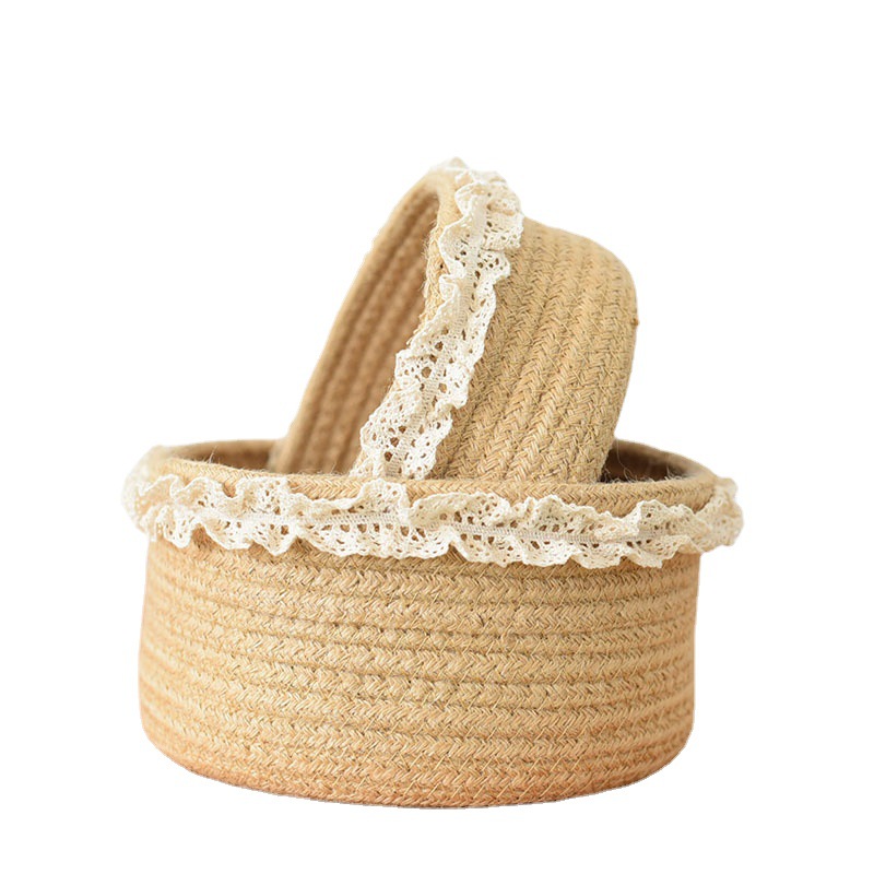 棉麻绳花篮收纳筐子零食筐家用篮收纳盒手提蕾丝圆形跨境杂物筐白底实物图