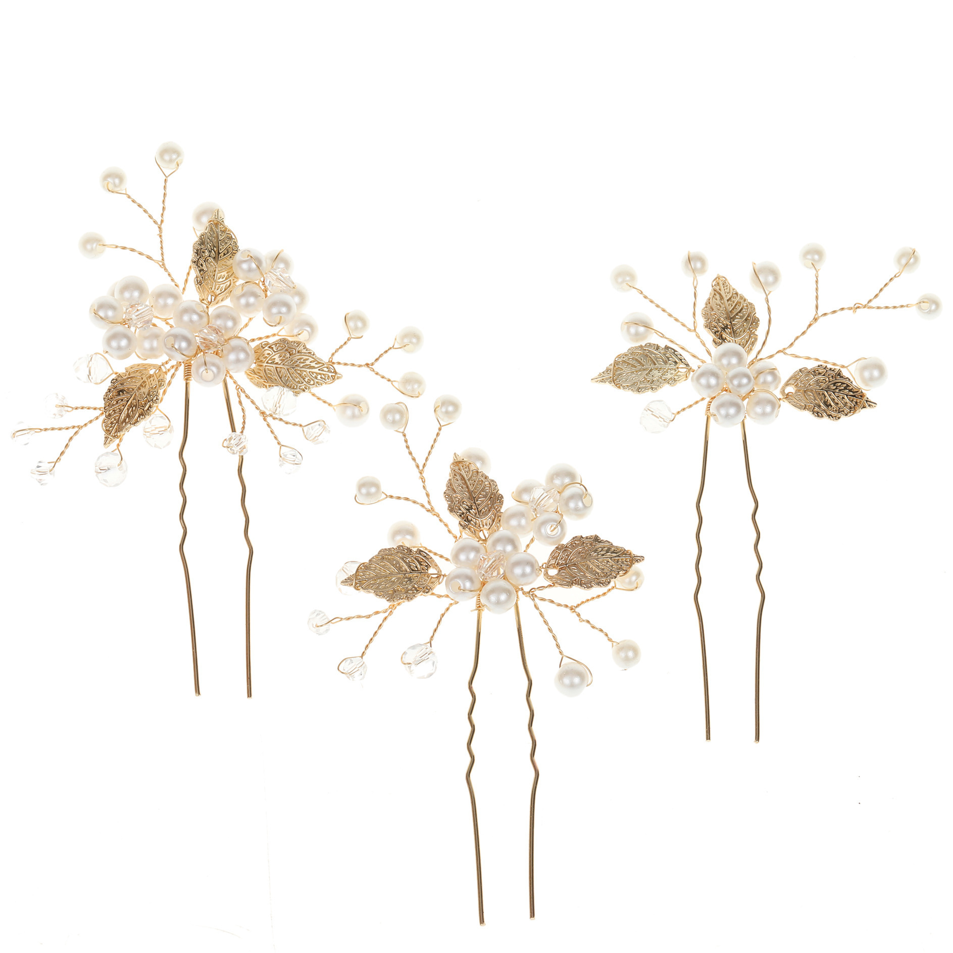 Hot-selling golden European and American style bride headwear, handcrafted pearl hair accessories, wedding updo accessories, hair forks, hairpin covers Item Picture