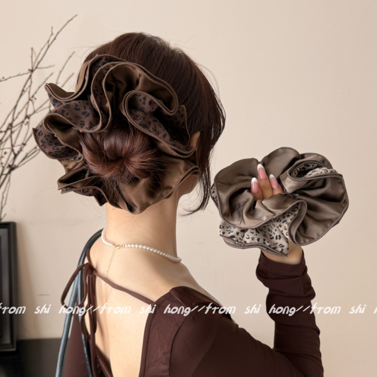 韩版四层锁边AB面双拼豹纹发圈气质百搭丸子头头花时尚发绳扎头绳