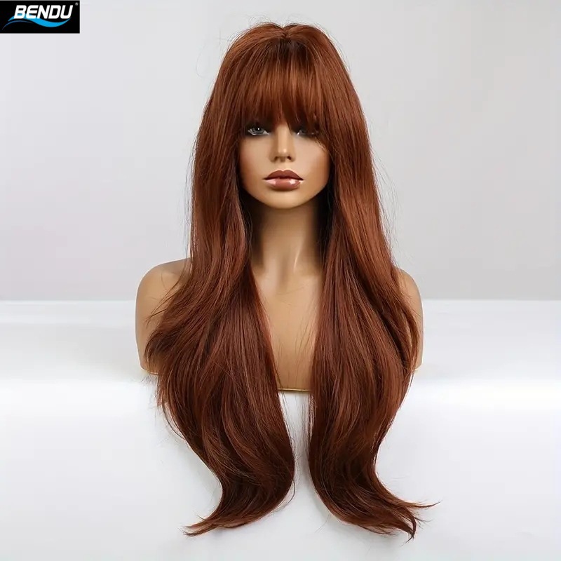 New cross-border fashion hot girl long curly hair bangs wig, women's reddish-brown slightly curly face shaping Amazon fake head Specification image