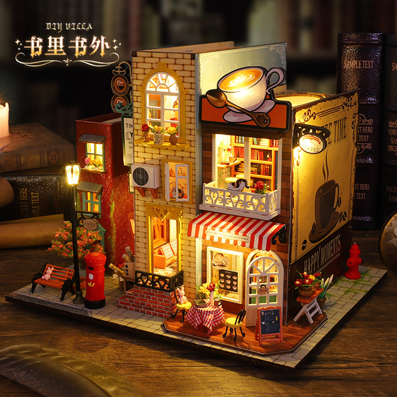 The miniature street scene model illuminated by lights, including bookstores, coffee shops, mailboxes, street lamps, benches, dormitories, decorative lights and tables for setting up stalls details Picture