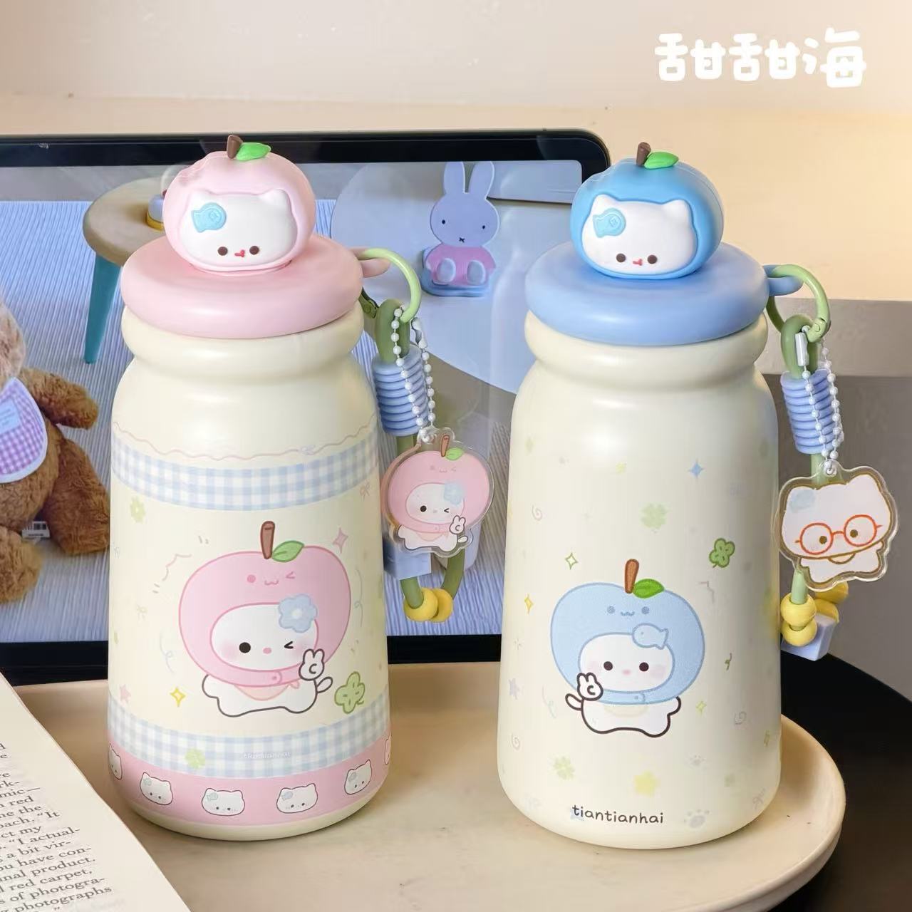 Cartoon tea-water separation insulated cup for girls, high appearance level 2025 New straw water cup for students, 316 stainless steel