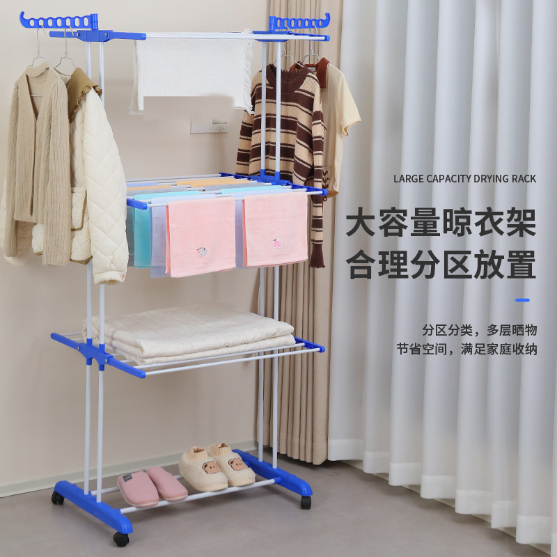 New best-selling indoor wardrobe floor-standing folding mobile clothes rack, multi-functional three-layer towel rack, wing-shaped clothes drying rack details Picture