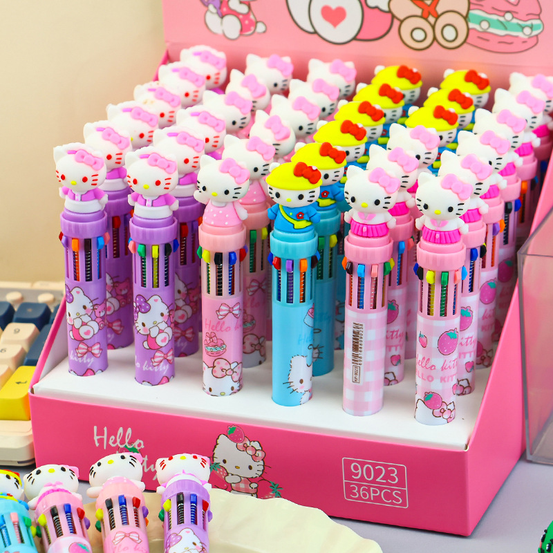 Cartoon KT Cat ten-color pen, pink girl heart ten-color Ballpoint pen, multi-color in-one, multi-functional student notebook pen Application Scenario