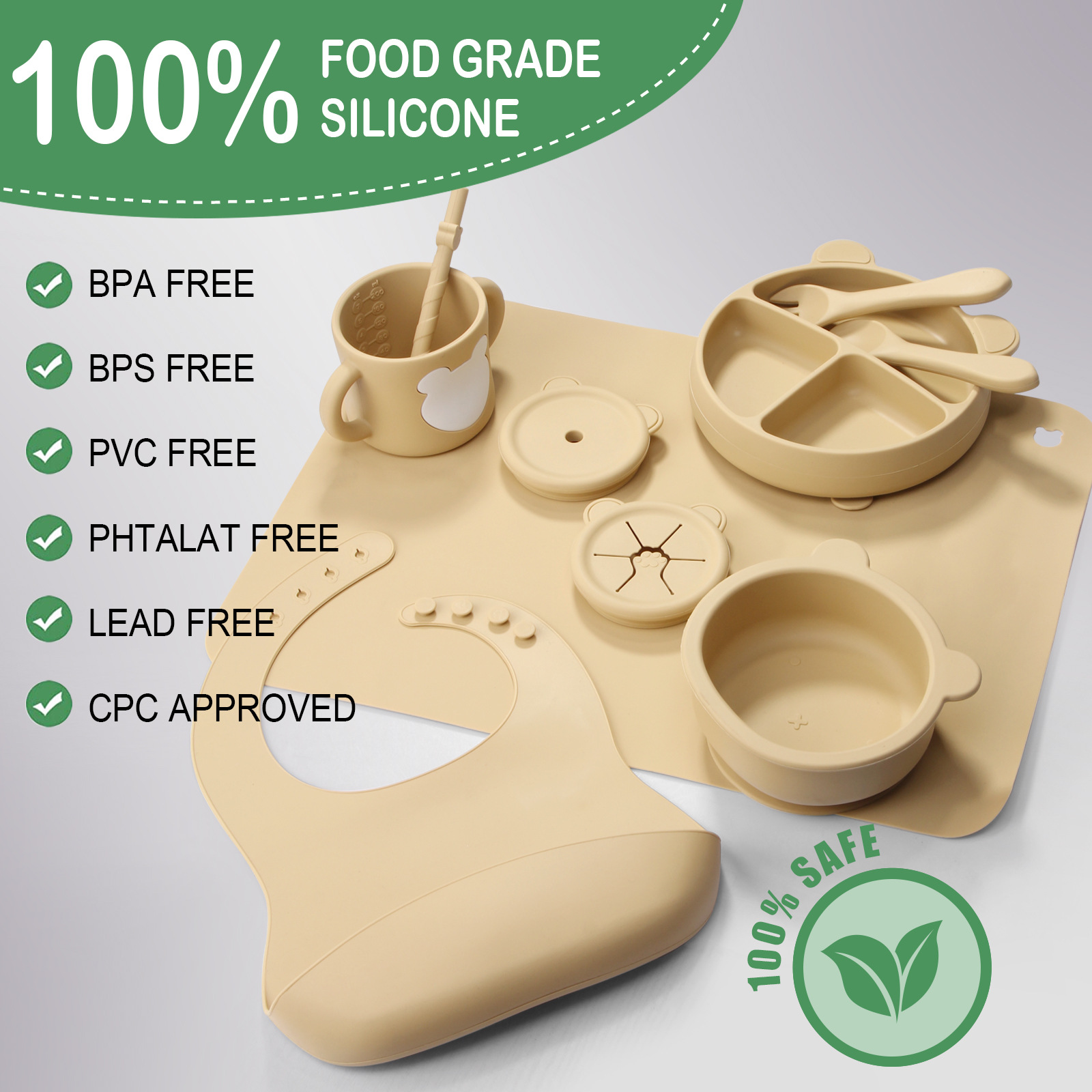 Wholesale of baby silicone bear bowl and tableware sets, fda children's easy-to-wash complementary food bowl and plate sets and tableware wholesale Specification drawing