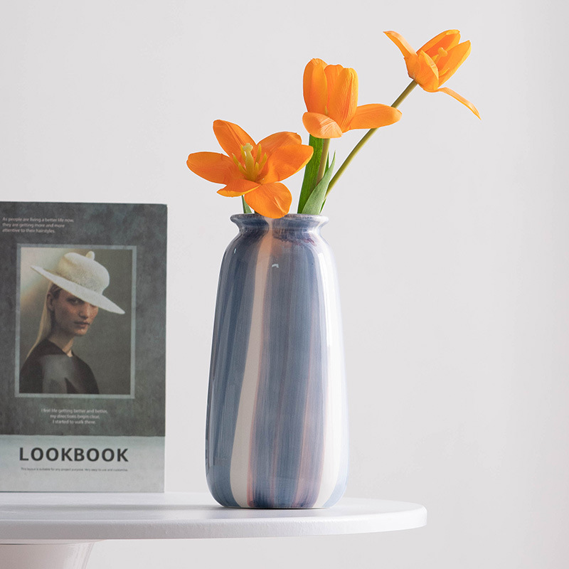 蜀门手绘蓝色简约ins风陶瓷装饰干花鲜花花瓶客厅插花样板间摆件细节图