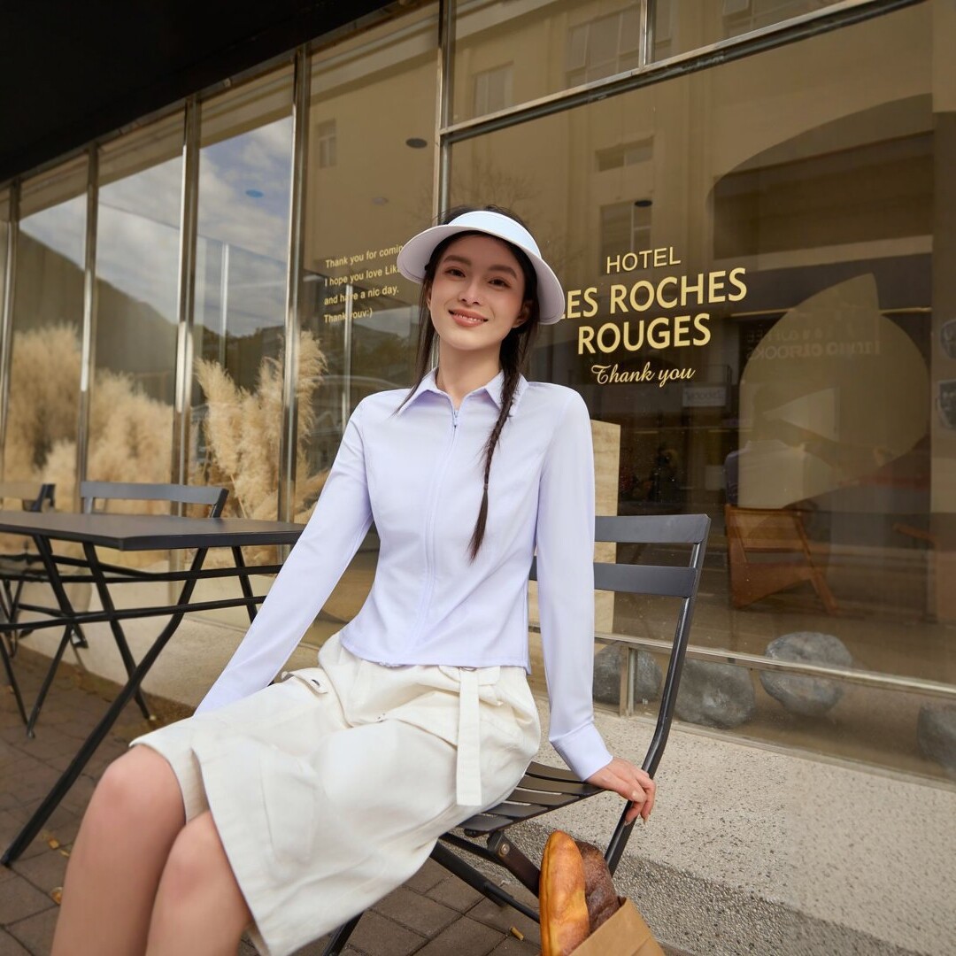 Counter quality lapel slimming sun-protective shirt, small waist sun-protective shirt, cool natural gauze sun-protective shirt, shoulder length 8022 Application Scenario