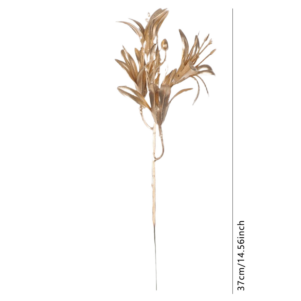 仿真金色花材单支跨境新款金色插枝插花多叉百合家居装饰厂家直销白底实物图