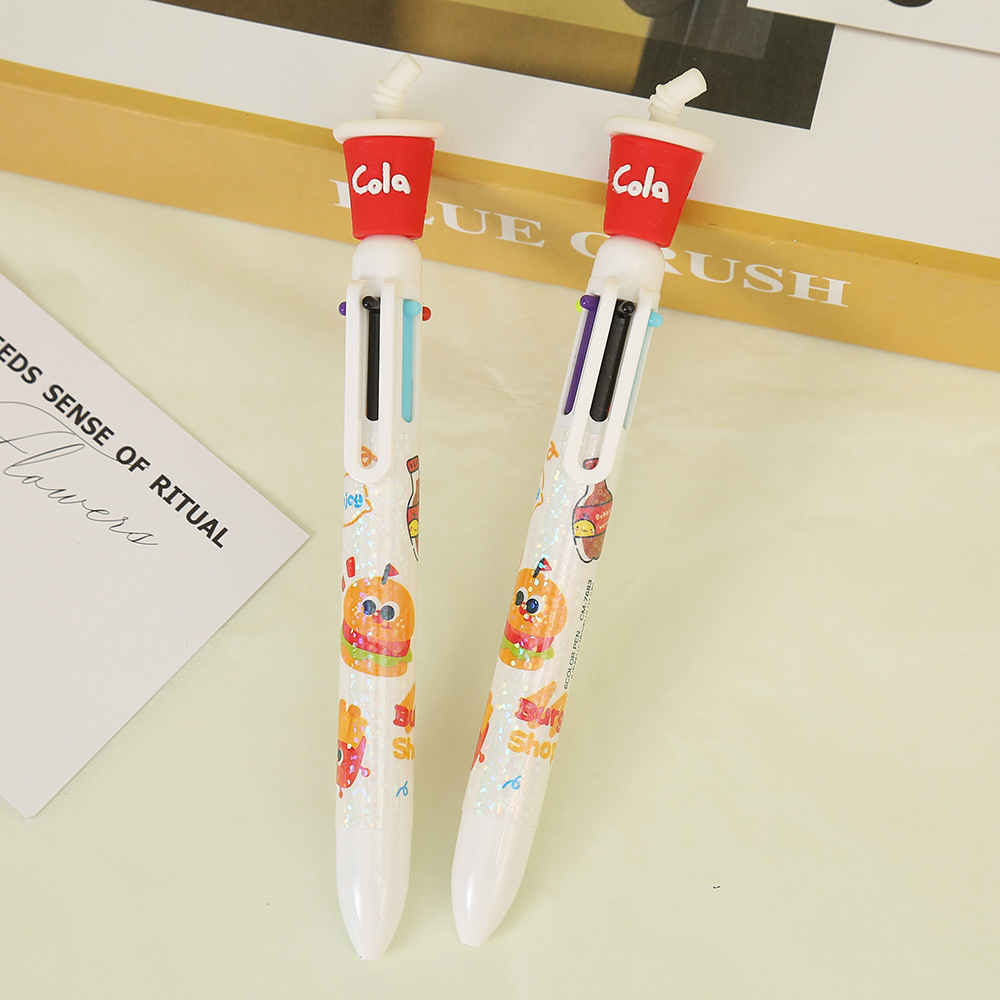 Cartoon hamburger and cola shaped oil pen creative six-color press ballpoint pen cross-border girlish personalized gel pen Specification image