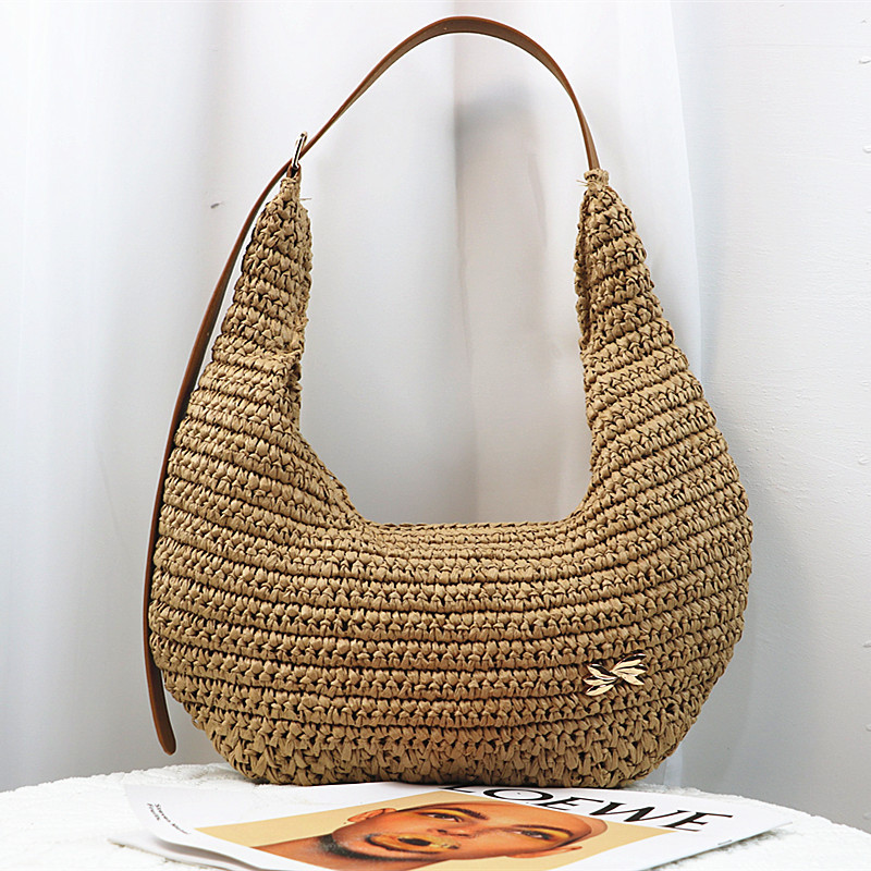 Cross-Border Straw Weaving Bag, Women's Summer New Casual Large-Capacity Hand-Woven Bag, Commuting Single-Shoulder Crossbody Dumpling Bag, Hand-Woven Straw Weaving Bag
