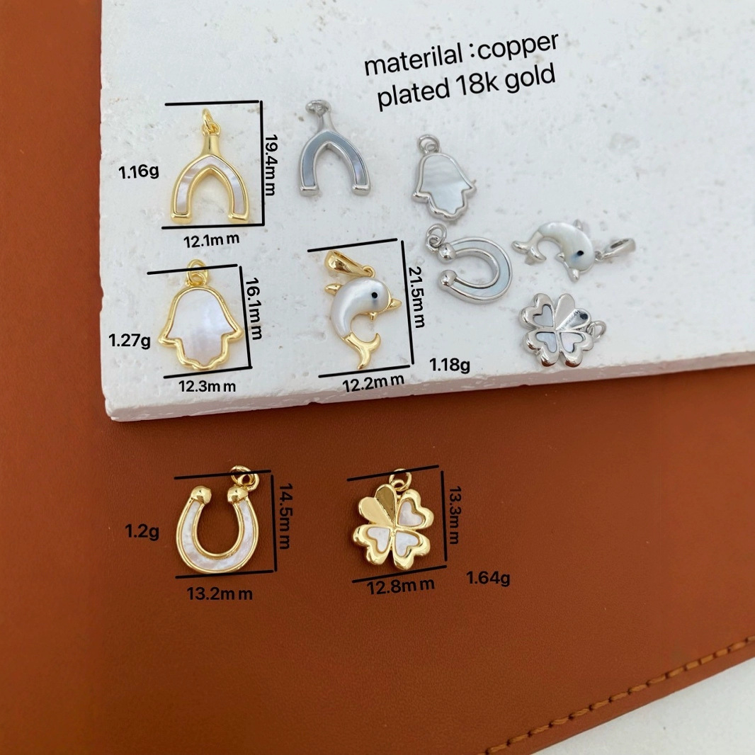 18K gold color-preserving adhesive natural mother-of-pearl small dolphin four-leaf clover pendant, handcrafted jewelry pendant, DIY necklace pendant Specification image