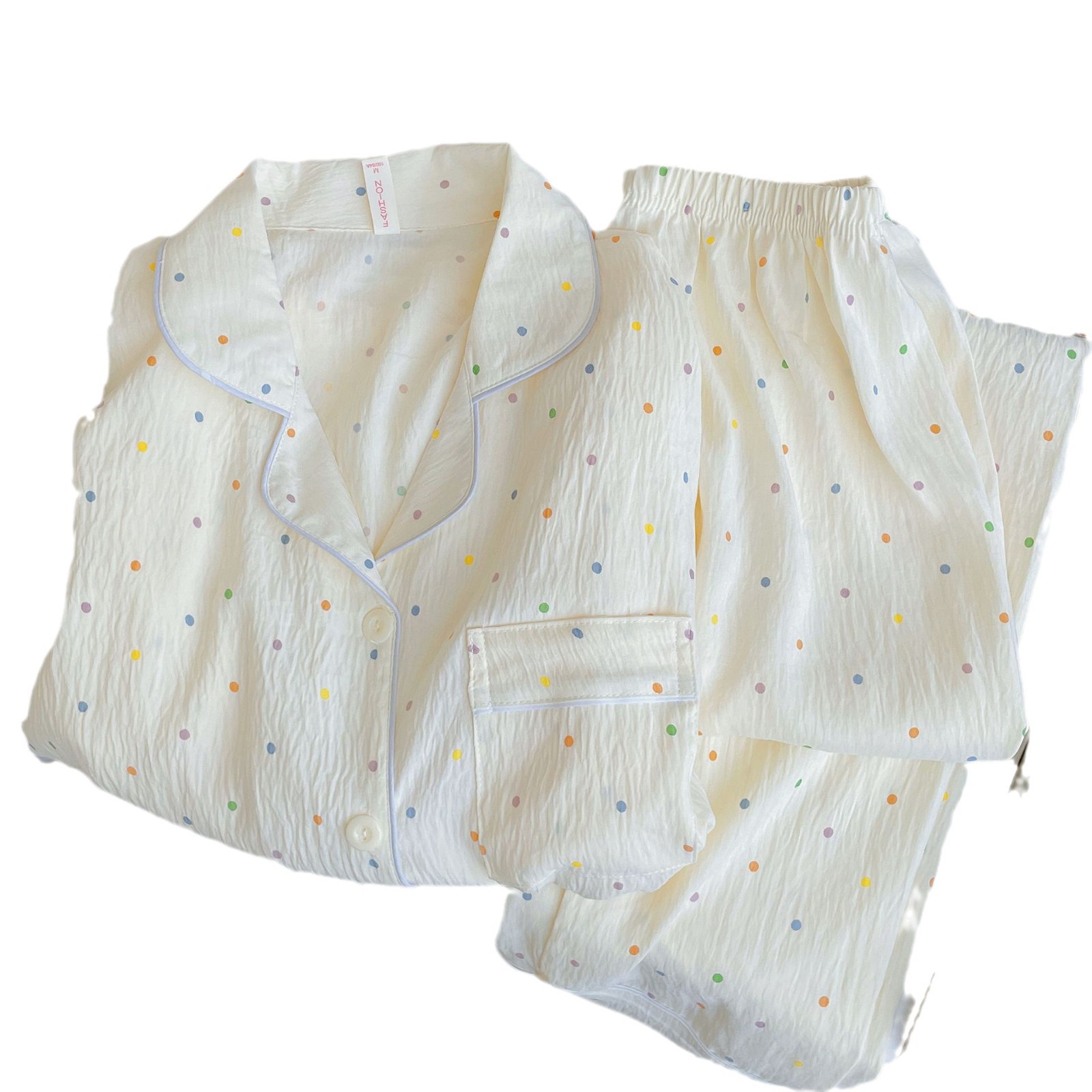 New pure cotton long-sleeved and long pants pajamas for girls spring and autumn, cute colorful polka dot cloud cotton home wear set Item Picture