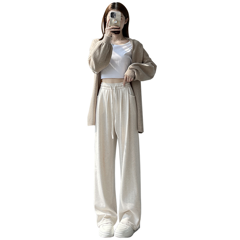 Grey glutinous rice pants for women's autumn and winter 2025 new style, high-waisted, sagging, straight-leg loose, laid-back, fleece, petite wide-leg pants Item Picture