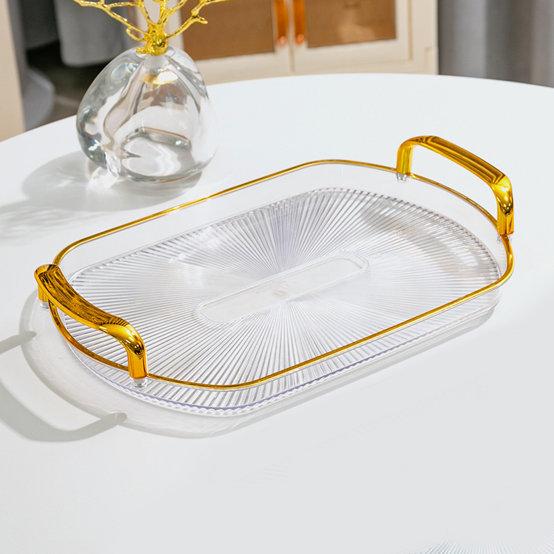 PET轻奢托盘水杯塑料茶盘透明ins水果盘透明金边收纳盘产品图