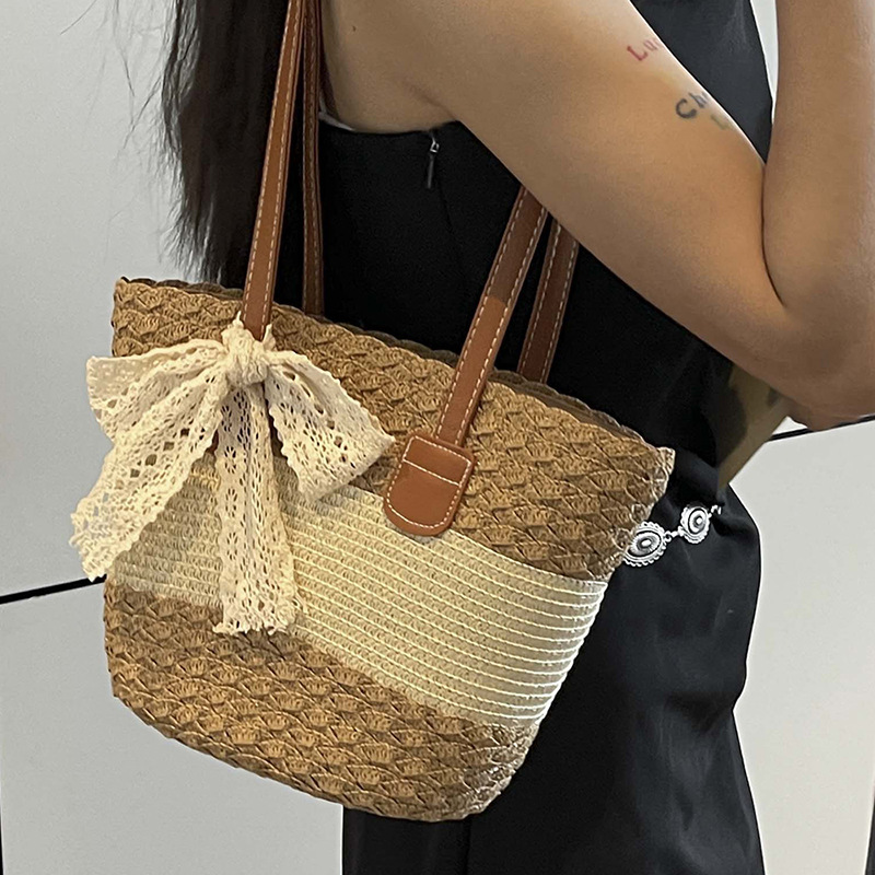 Cross-Border Straw Woven Bag, Large-Capacity New Woven Bag, Simple Straw Woven Handbag, Single-Shoulder Vacation Cotton Rope Commuting Tote Women's Bag, Handcrafted Straw Woven Bag Specification drawing