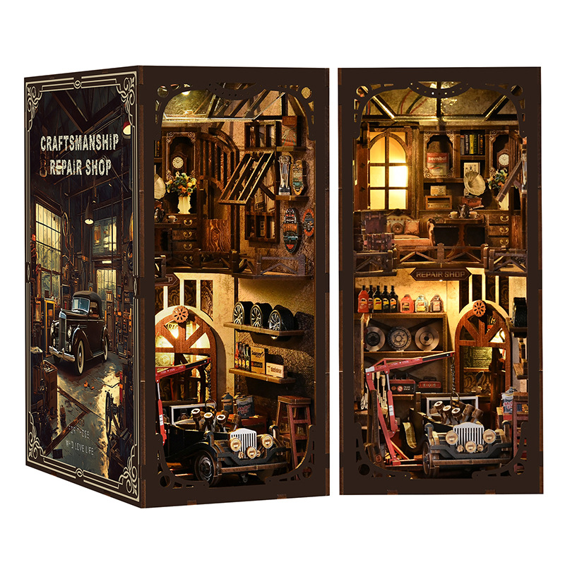 A miniature model of a new cross-border craft auto repair shop bookstand DIY house, hand-assembled three-dimensional bookstand house Item Picture