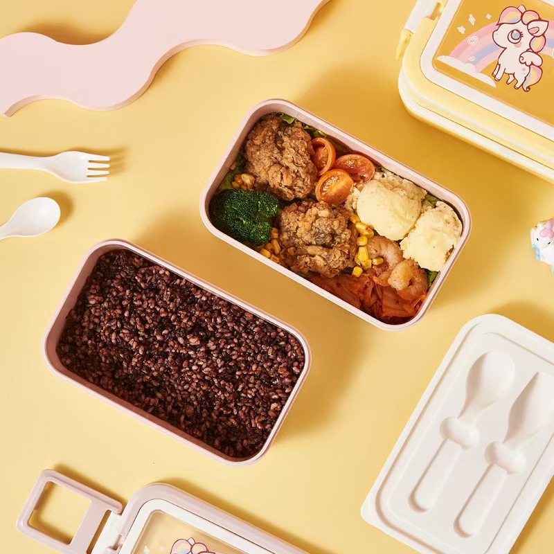 2025 New creative double-layer lunch box with spoon and fork, cartoon rectangular portable hand-held lunch box, large capacity lunch Application Scenario