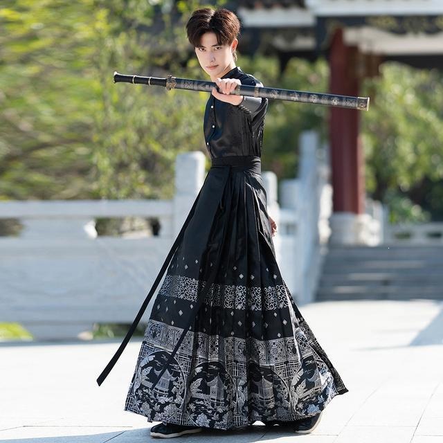 Chinese trend and style horse face skirt for men, ancient-style Hanfu for men, adult ancient costume for men, shirt set Item Picture