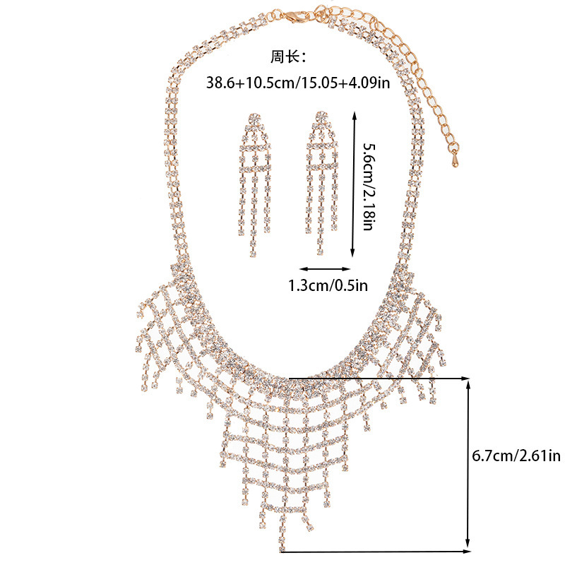 Wholesale of two-piece sets of fashionable grid tassel earrings and necklaces with three-dimensional hollowed-out design and sparkling rhinestones Specification image