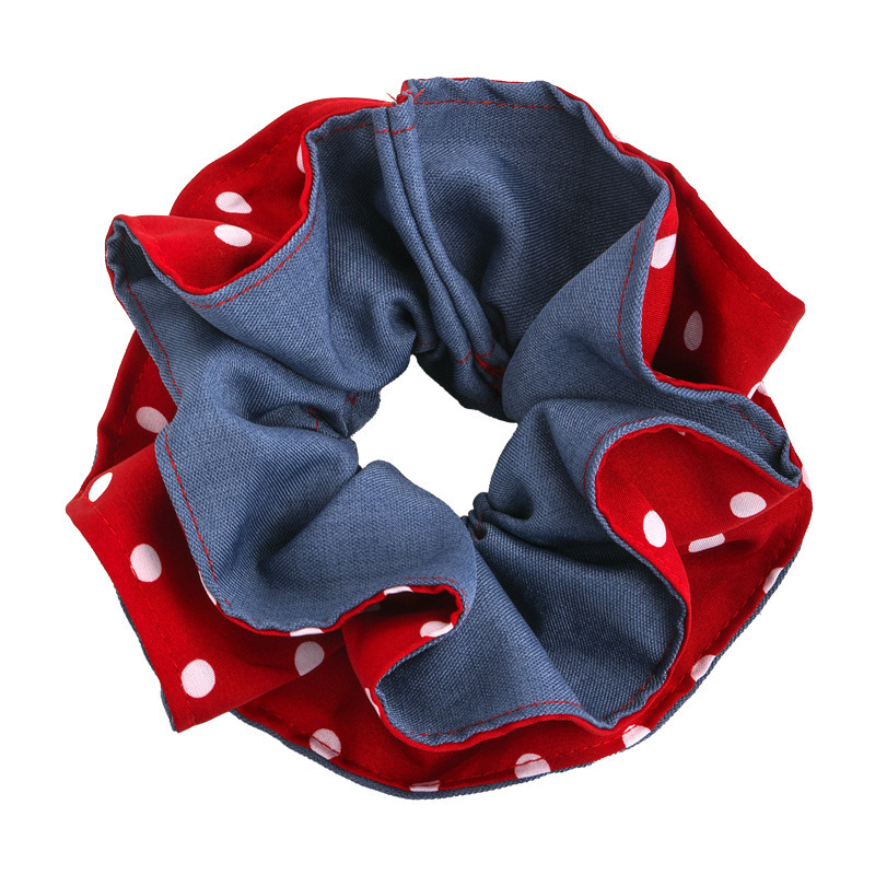 Fairy-tale-like red and blue contrasting hair bands, denim blue and red polka dot double-sided hair accessories, sweet and niche school-style hair accessories Item Picture