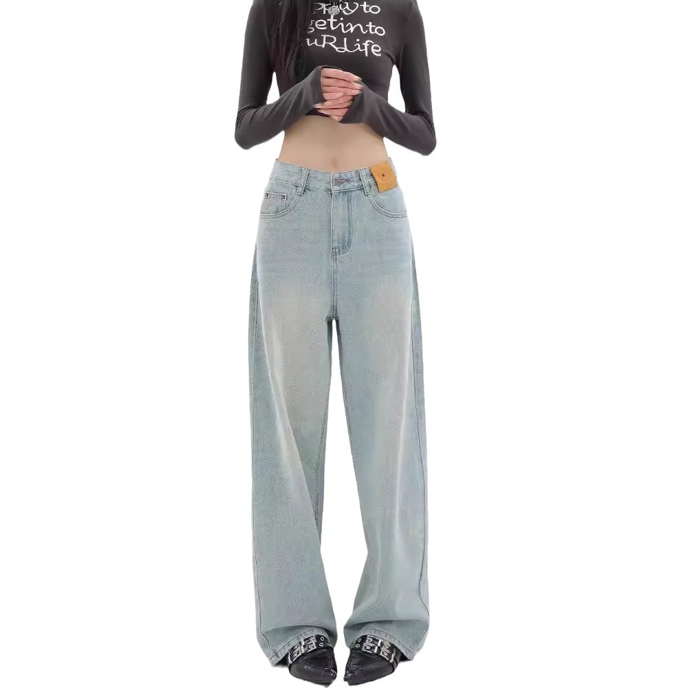 牛仔裤女高腰复古/牛仔裤女直筒复古/牛仔裤/多口袋牛仔裤欧美/女款牛仔裤白底实物图