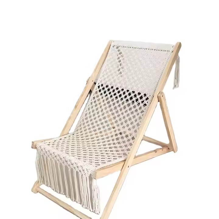 Solid wood beach chair, outdoor camping folding chair, hand-woven cotton rope detachable, living room midday rest tassel lounge chair Item Picture