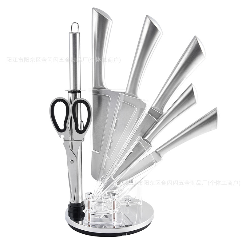 A popular foreign trade set of eight-piece stainless steel sharp kitchen knife with a horseshoe hollow handle and a rotating knife seat details Picture