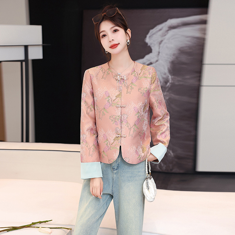 国潮新中式国风粉色提花盘扣短外套2025春季新款女装超好看唐装上衣