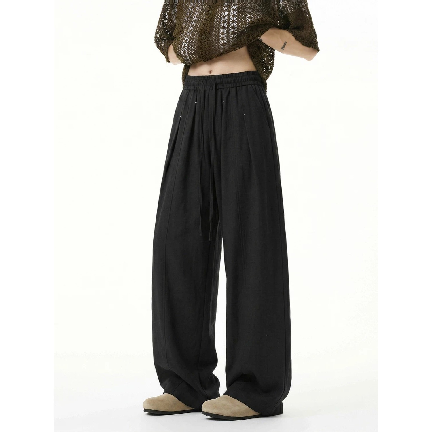 Old Qian Style imitation linen curved knife pants Men's 2026 Summer Deconstruction Breathable, loose, casual and relaxed wide-leg pants Specification image