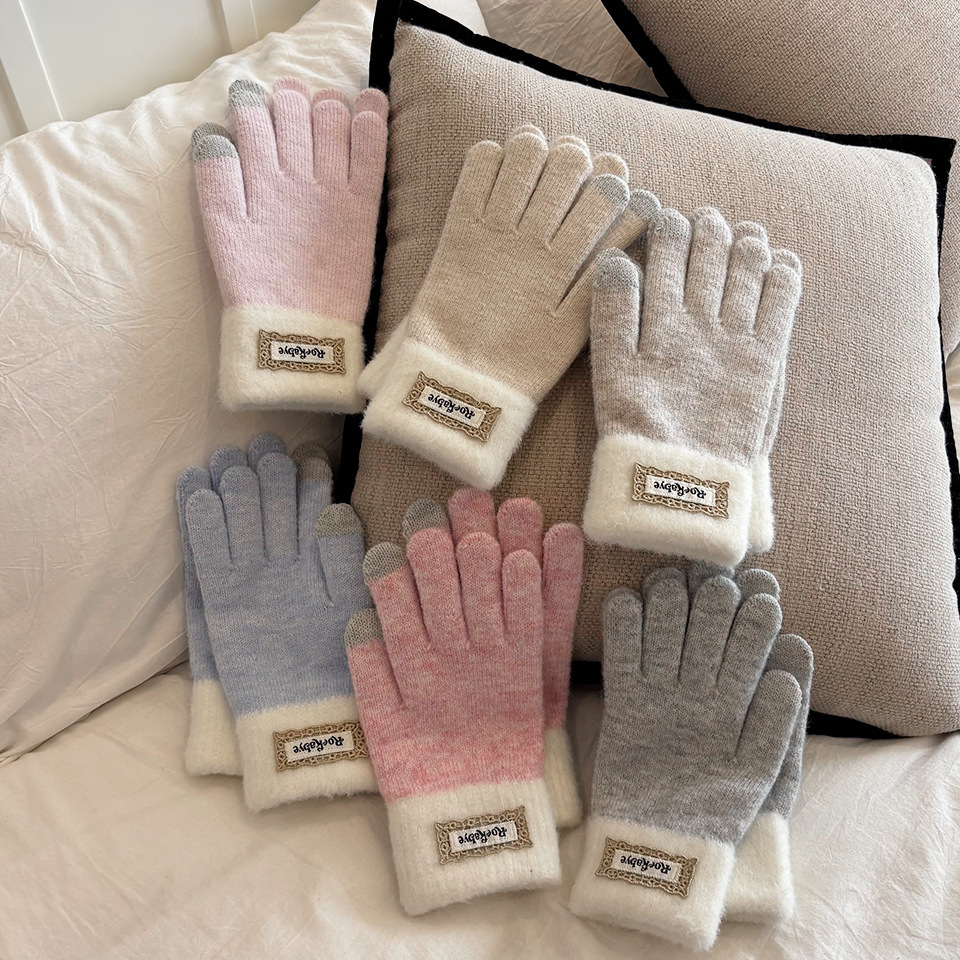 Ladies' knitted touch screen gloves for winter warmth, thickened Korean style color contrast, simple and fashionable, outdoor cycling touch screen full finger details Picture