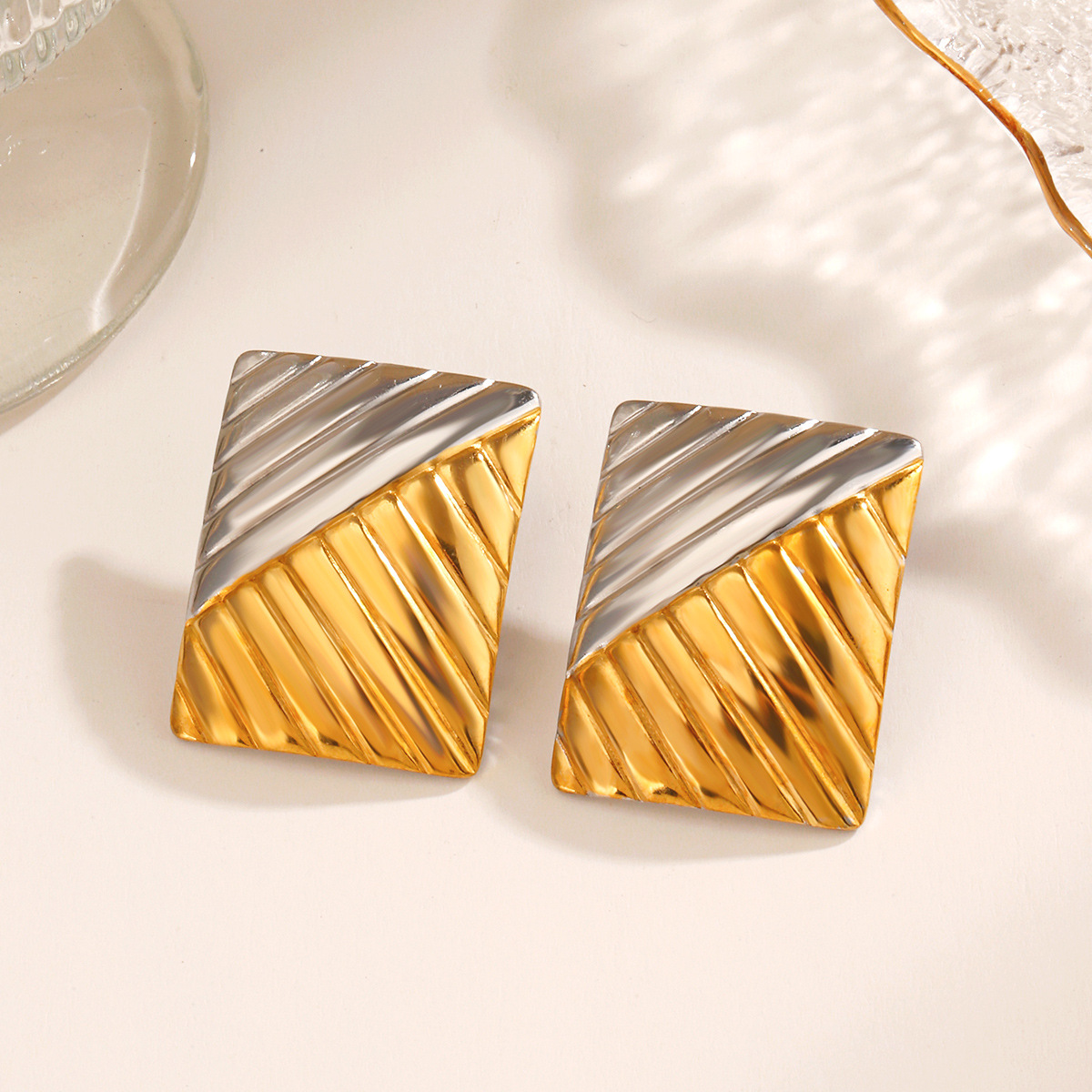 European and American fashion trend: Stainless steel simple style rectangular earrings, unique hip-hop vacuum electroplated geometric stud earrings for women details Picture