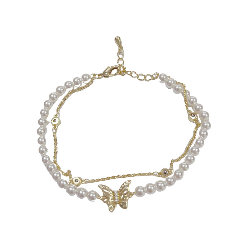 French light luxury gentle and versatile double-layer pearl chain butterfly bracelet, women's personalized light luxury design sense jewelry wholesale Item Picture