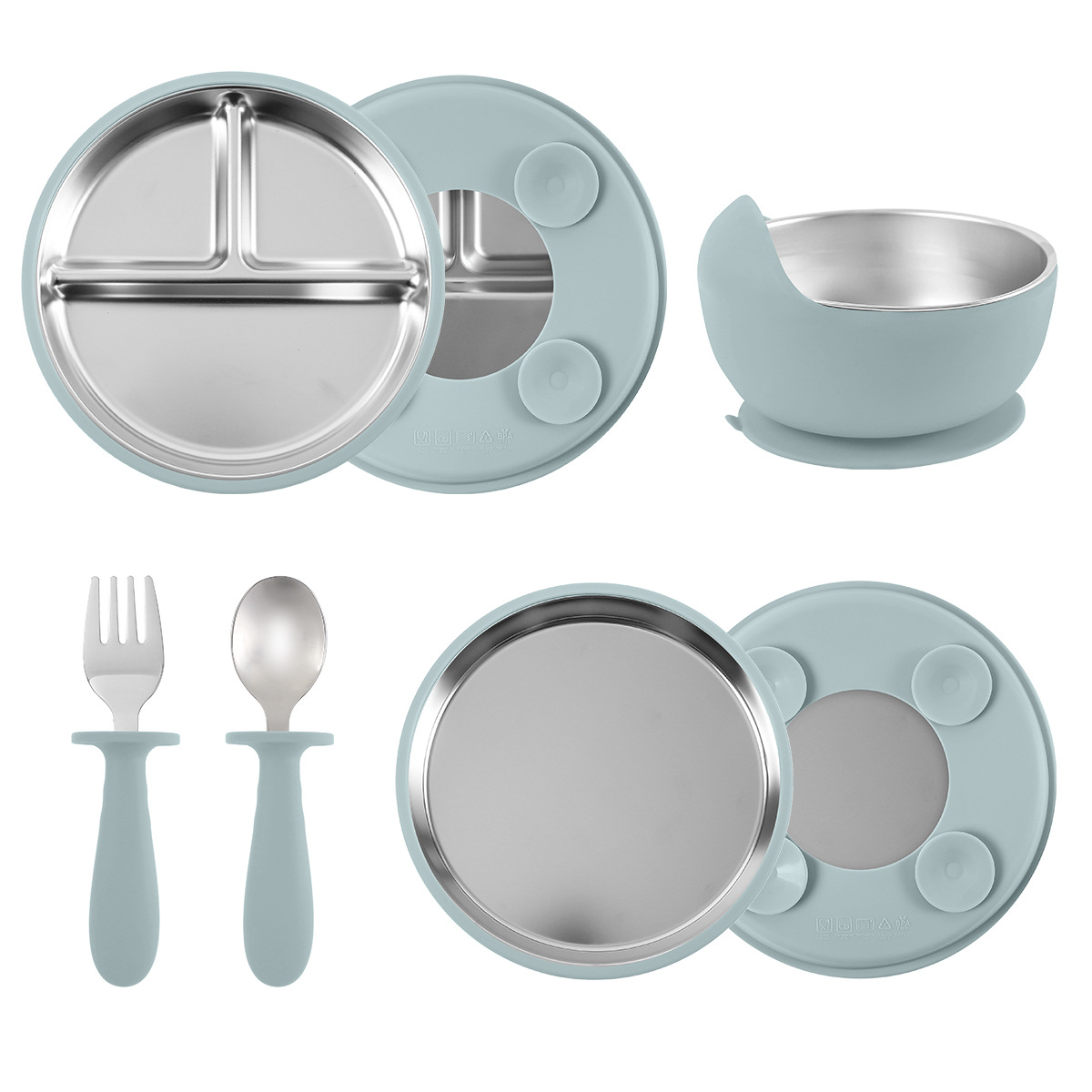 Baby complementary food suction cups, plates, bowls, forks and spoons set, cross-border new product 304 stainless steel silicone children's feeding tableware details Picture