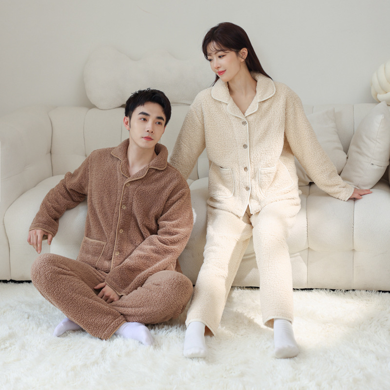 New autumn and winter couple pajamas, double-sided fleece lapel cardigan, men's oversized and women's thickened coral fleece warm home wear