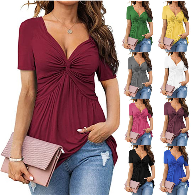 2023 New European and American women's V-neck front knotted shirt short-sleeved elegant casual T-shirt solid color pullover top full figure
