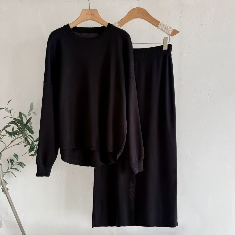 Cross-border sweaters, European and American Amazon foreign trade women's clothing autumn and winter solid color simple long-sleeved fashionable casual knitted sets Item Picture