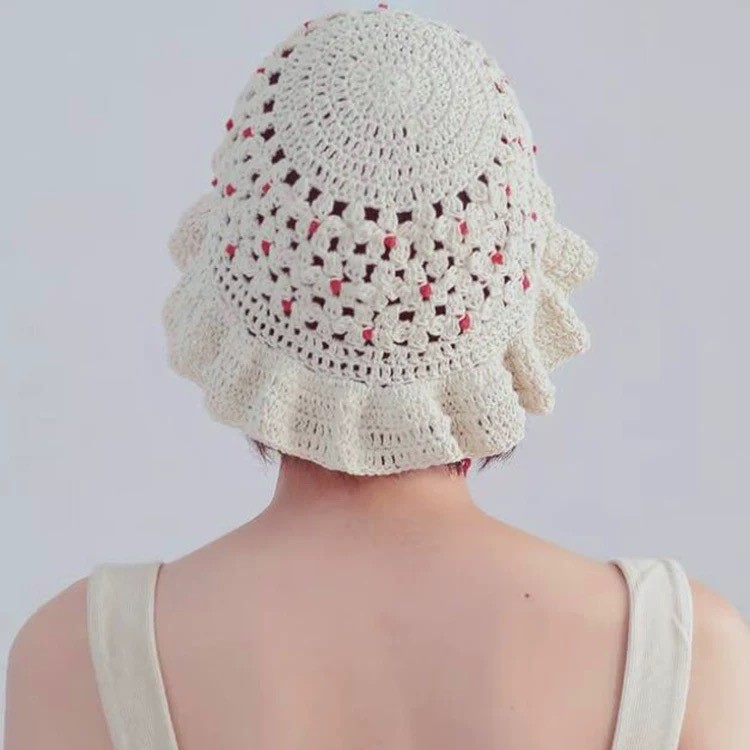 Fashionable and retro handcrafted crocheted color-blocking fisherman's hat, women's concave shape basin hat, new spring and summer hollowed-out lace-up hat details Picture