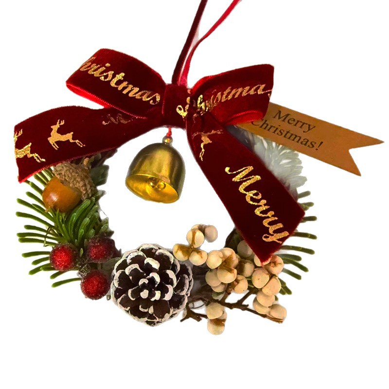 新款圣诞节花环墙贴蝴蝶结仿真松果铃铛挂件花环圣诞树松果挂件墙白底实物图