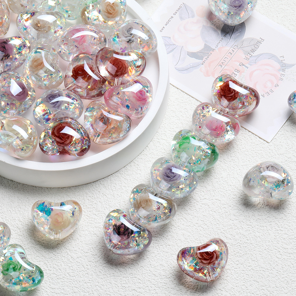 Optical rose-plated heart vertical hole with beads, electroplated resin round beads, loose beads, DIY jewelry keychain accessories