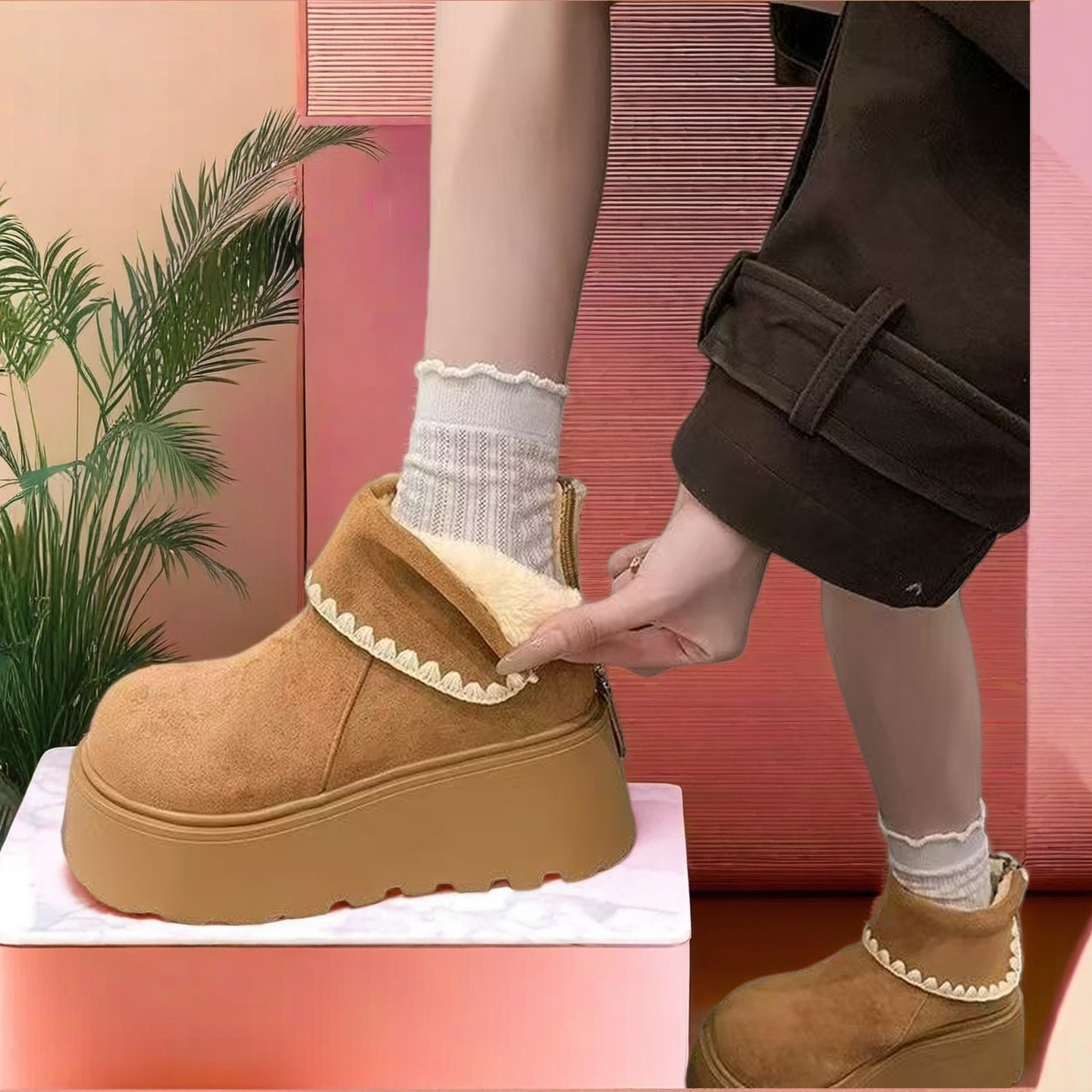 增高雪地靴2025秋冬新款松糕保暖马丁靴复古外穿时尚百搭短筒靴