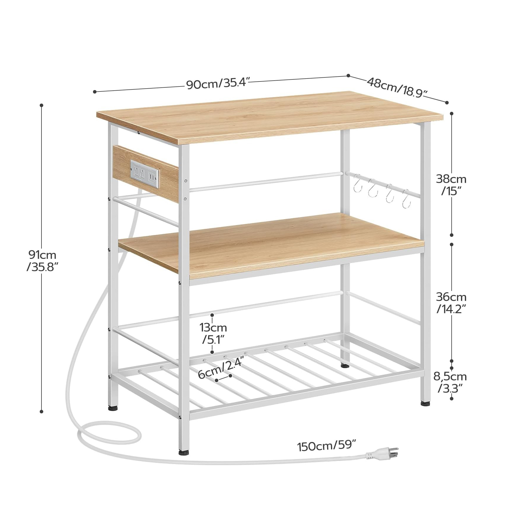 Amazon cross-border e-commerce kitchen shelf, kitchen island with storage space and power socket kitchen island table Specification image